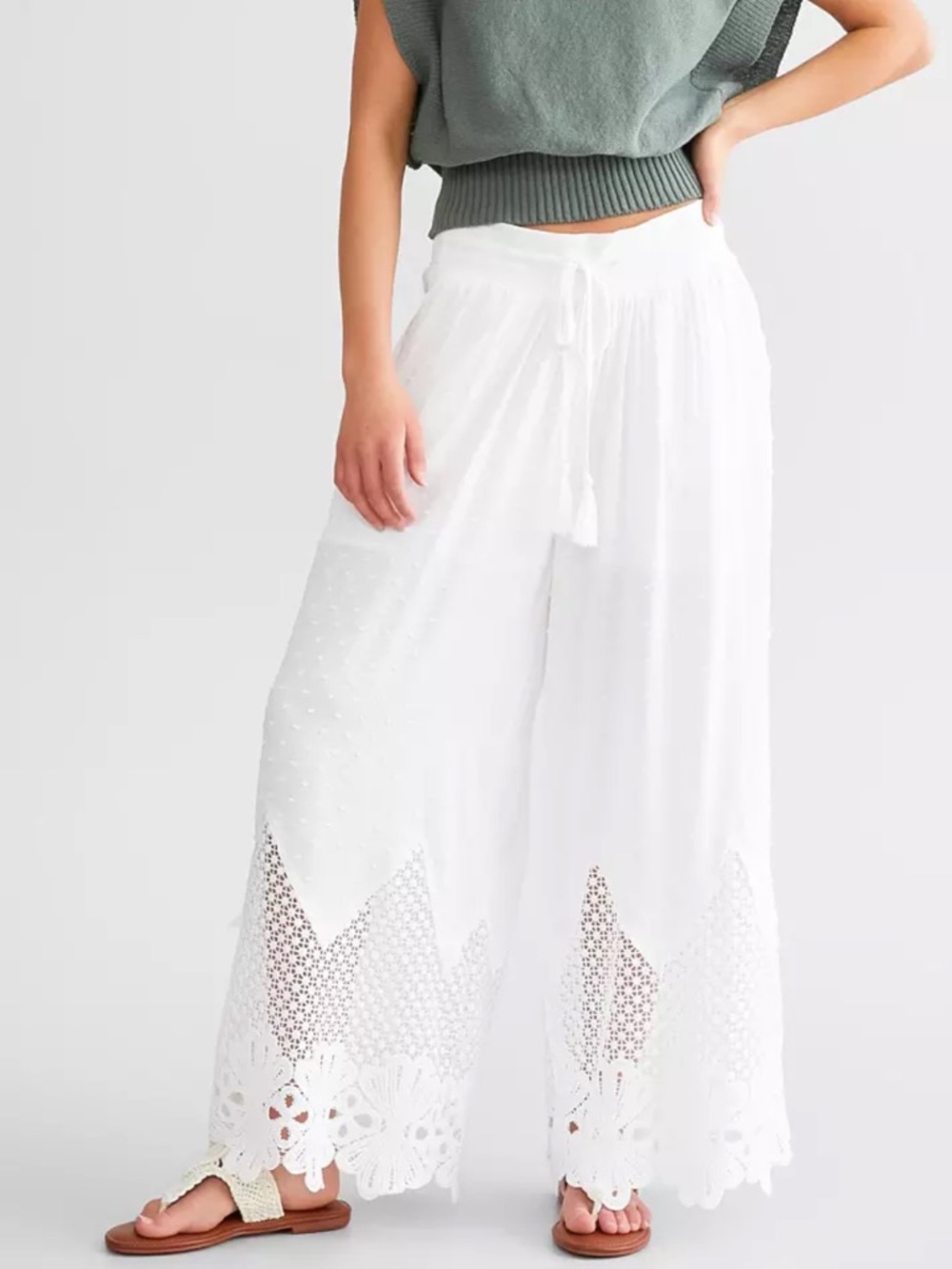 Miss Me Boho White Flowy Wide Leg Pants With Lace Hem - M